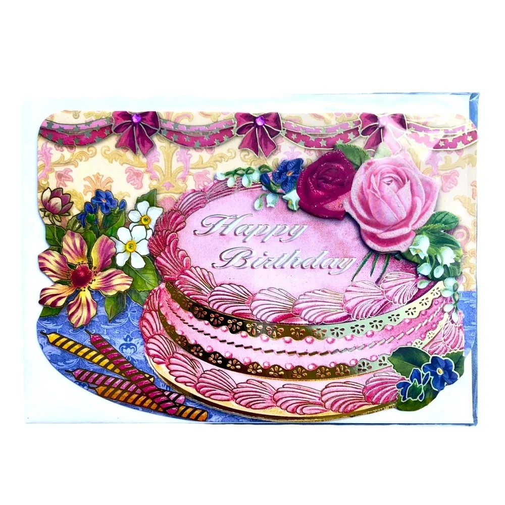 Punch Studio Single(1) 3D Die-Cut Floral Birthday Cake Card Env+Seal 5x7 (66844)